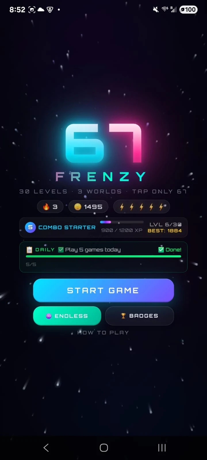 67 Frenzy home screen