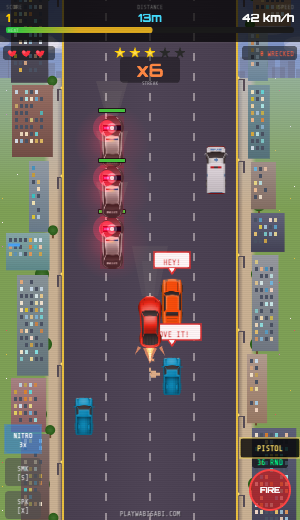 CODE 99 gameplay — three cops in pursuit, multiplier x6, score climbing