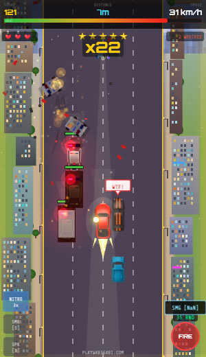 CODE 99 gameplay — five-star wanted level, x22 streak, SMG and explosions