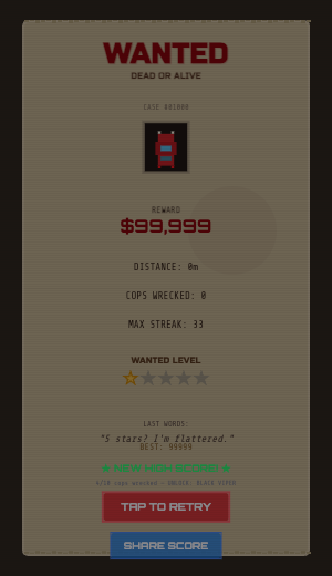 CODE 99 game over — Wanted Dead or Alive poster with reward and stats