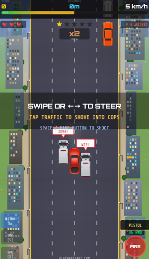 CODE 99 gameplay — tutorial overlay, swipe to steer, tap traffic to shove cops